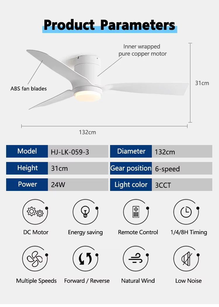 Cove Close to Ceiling Flush Mount ABS DC Motor Ceiling Fan 6 Speed Remote and LED Light