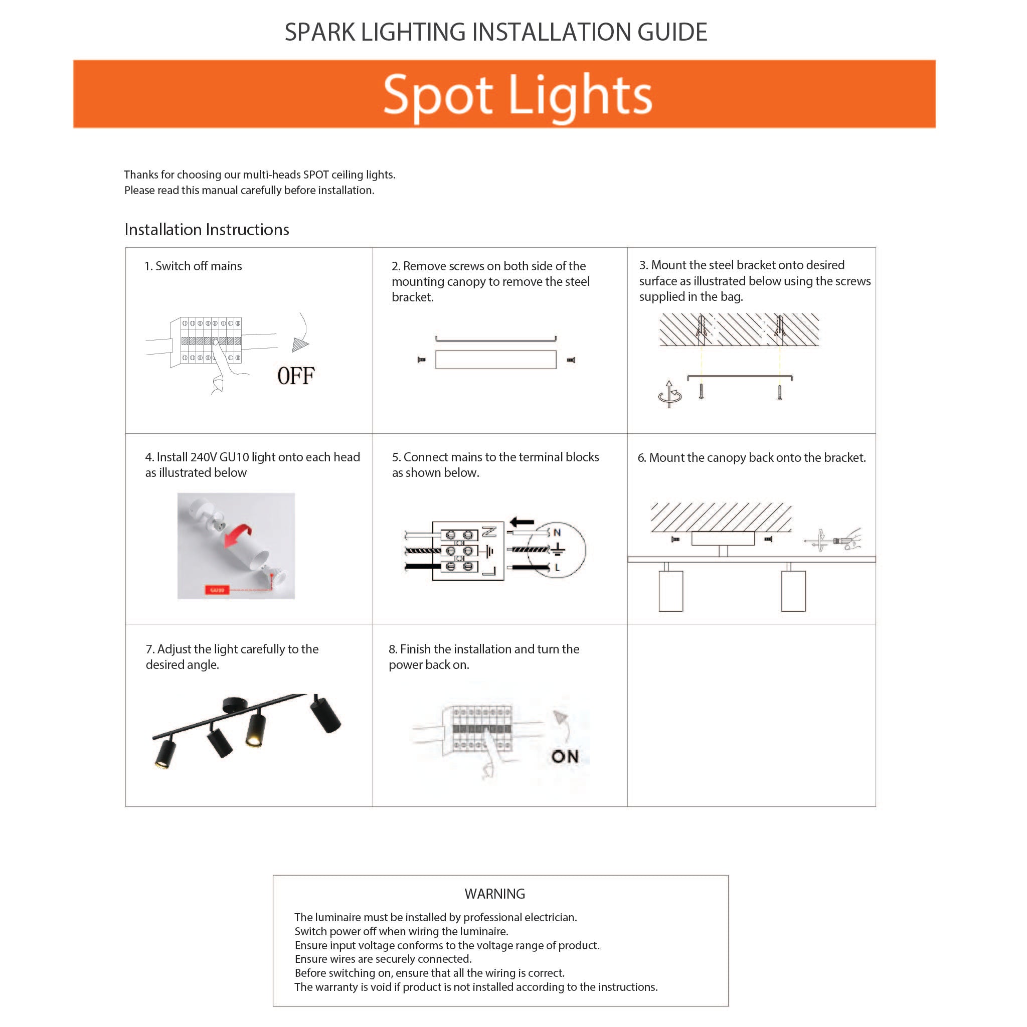 4 Lights Bar Spotlight Adjustable Heads with free LED GU10 lamps