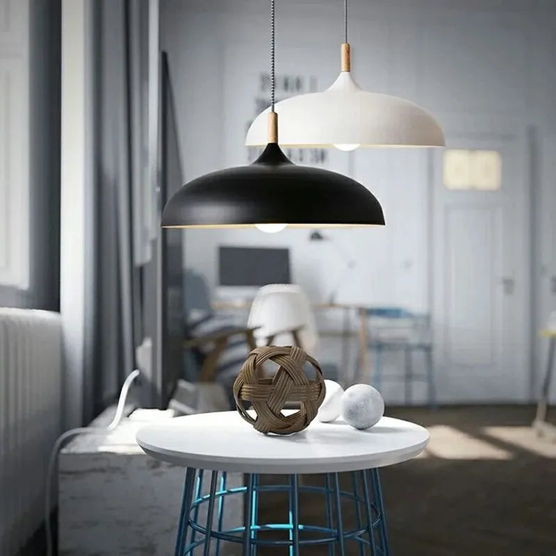 Modern Pendant Light Wooden Top E27 Ceiling lamp White